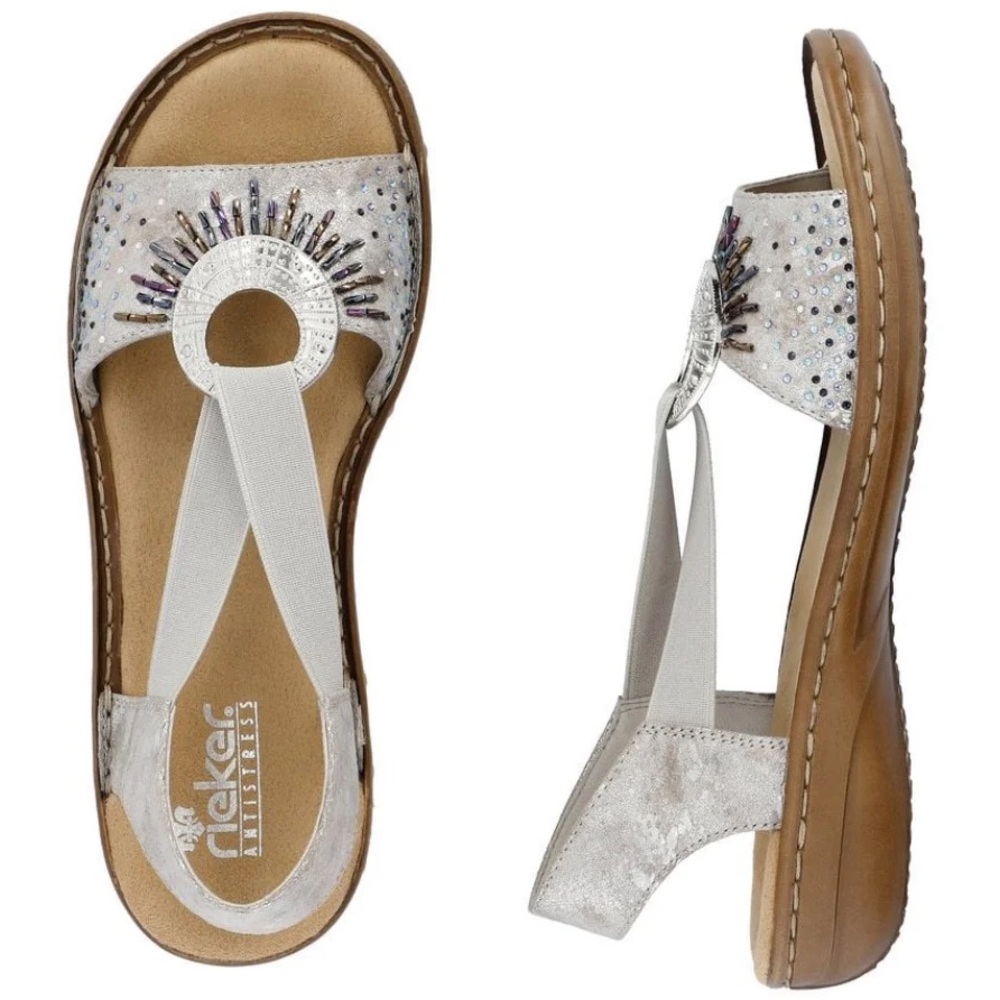 Rieker Silver Elastic Strap Embellished Comfort Sandals